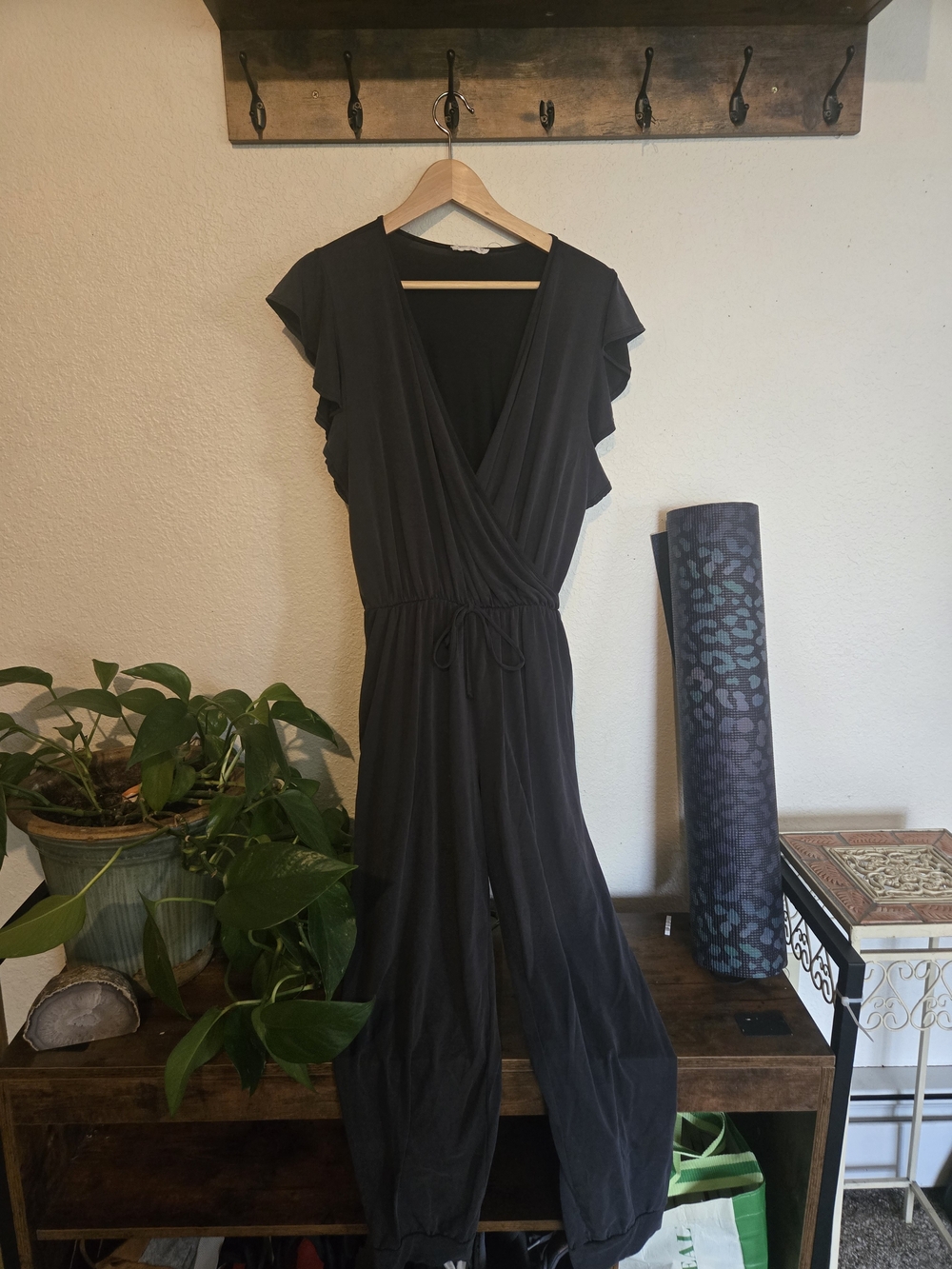 Black Flutter-Sleeve Surplice Jumpsuit
